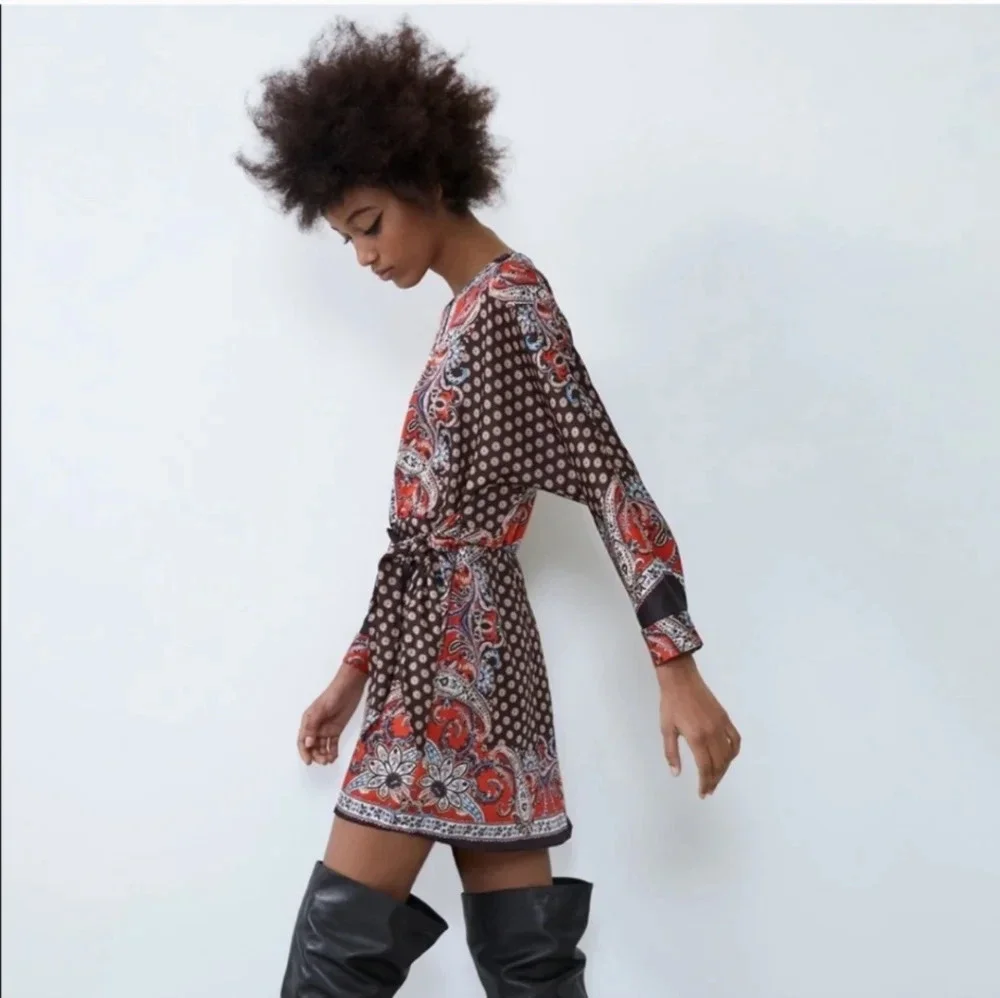 Zara Paisley Print Faux Wrap Mini Dress XS Boho Long Sleeve NWOT